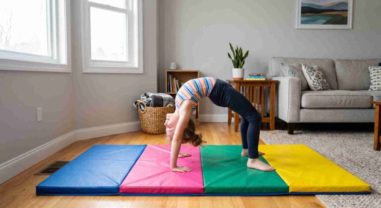 Child practicing gymnastic at home ideas on a folding mat