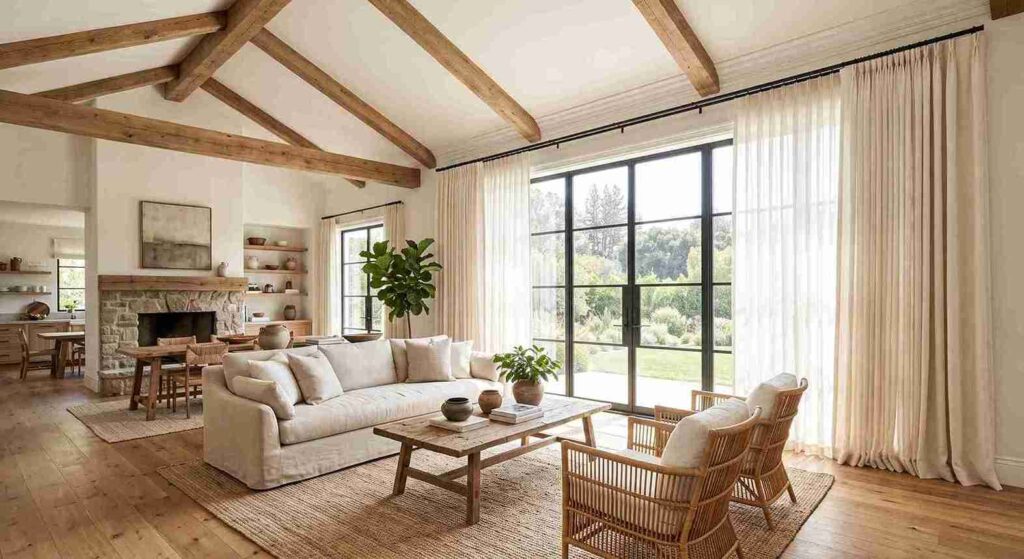 Floor to ceiling linen curtains mounted high and wide making a living room window look large and bright