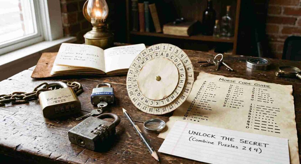 homemade escape room puzzle setup using padlocks and cipher wheels