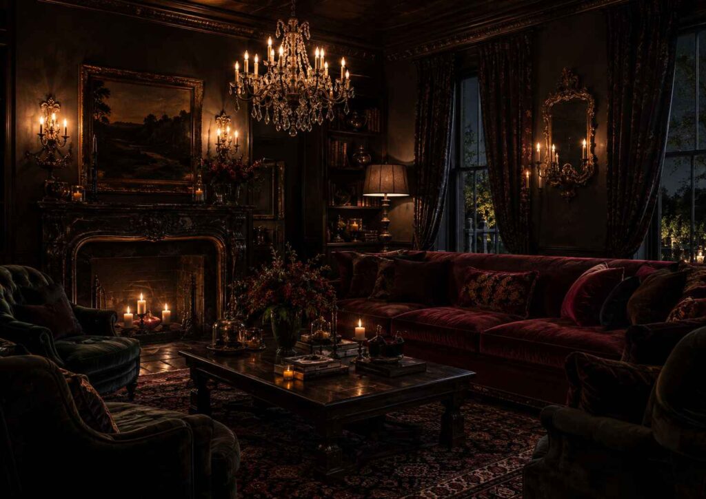 Warm gothic lighting with chandelier and wall sconces