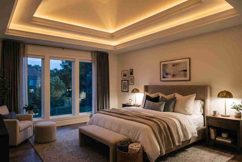 Primary bedroom recessed tray ceiling with warm hidden LED cove lighting