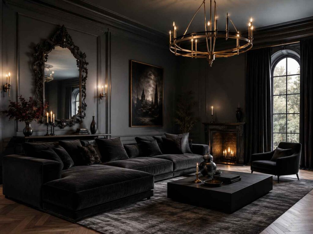 modern gothic home decor with contemporary furniture and ornate mirror