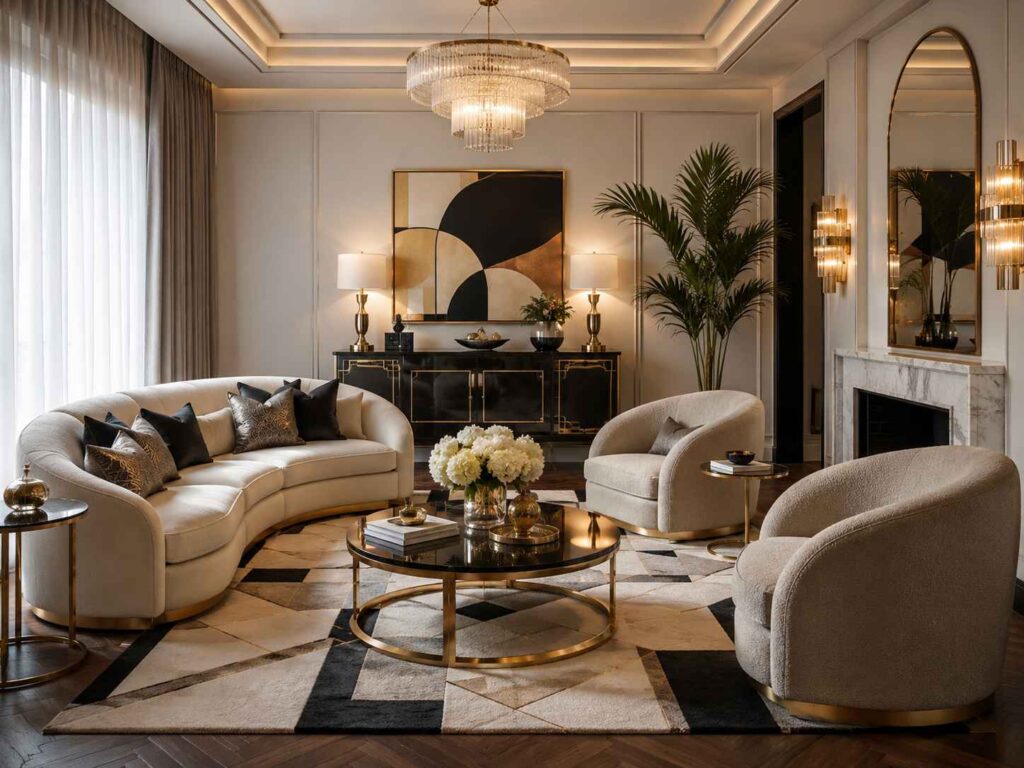 modern Art Deco living room with curved furniture