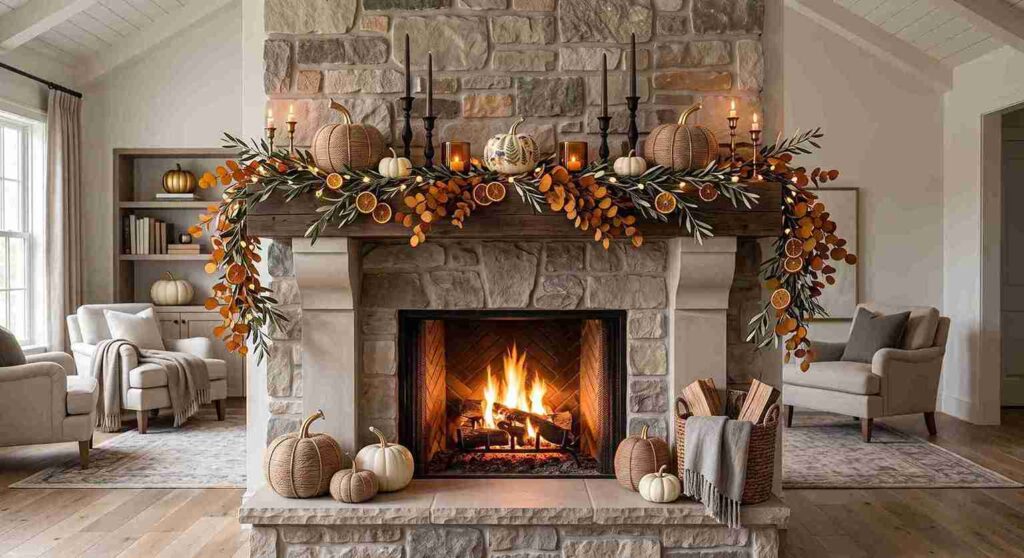 creative pumpkin decorating ideas styled on living room fall fireplace mantel garland