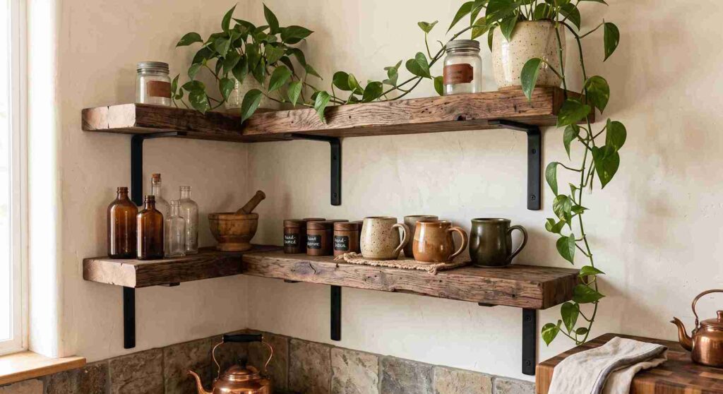 Thick reclaimed timber floating shelves with matte black brackets styled with ceramic stoneware and plants