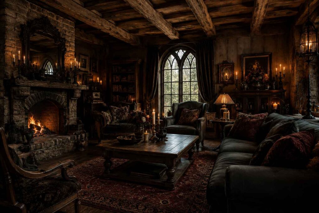 rustic Gothic interior with dark wood aged metal and vintage decor