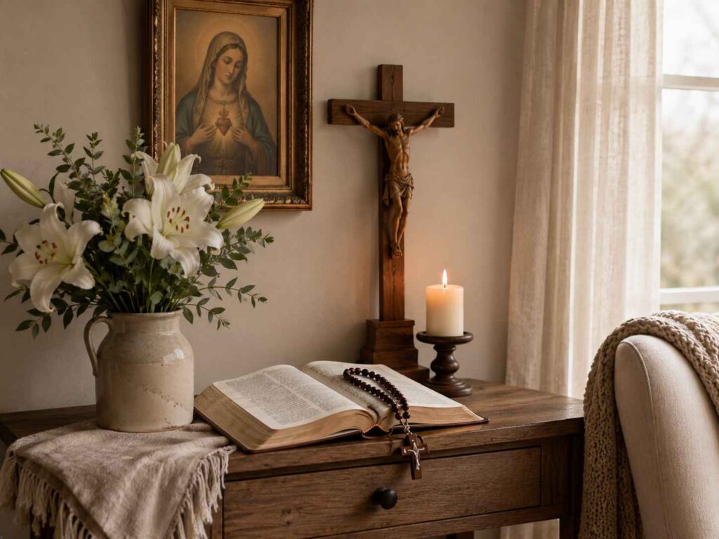 seasonal Catholic prayer shelf with flowers and devotional decor