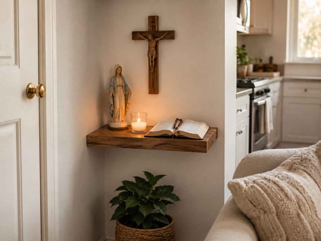 small apartment Catholic devotional shelf with statue and Bible