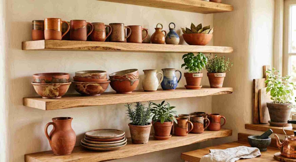 handmade terracotta ceramics and pots on kitchen floating shelves