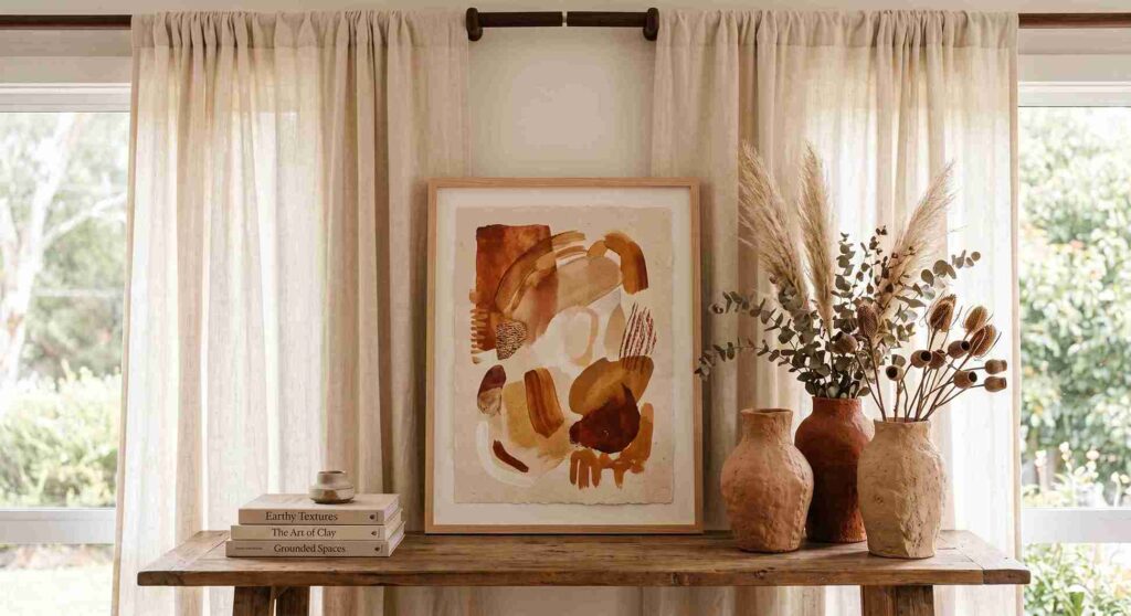 aesthetic terracotta clay vases and abstract wall art decor