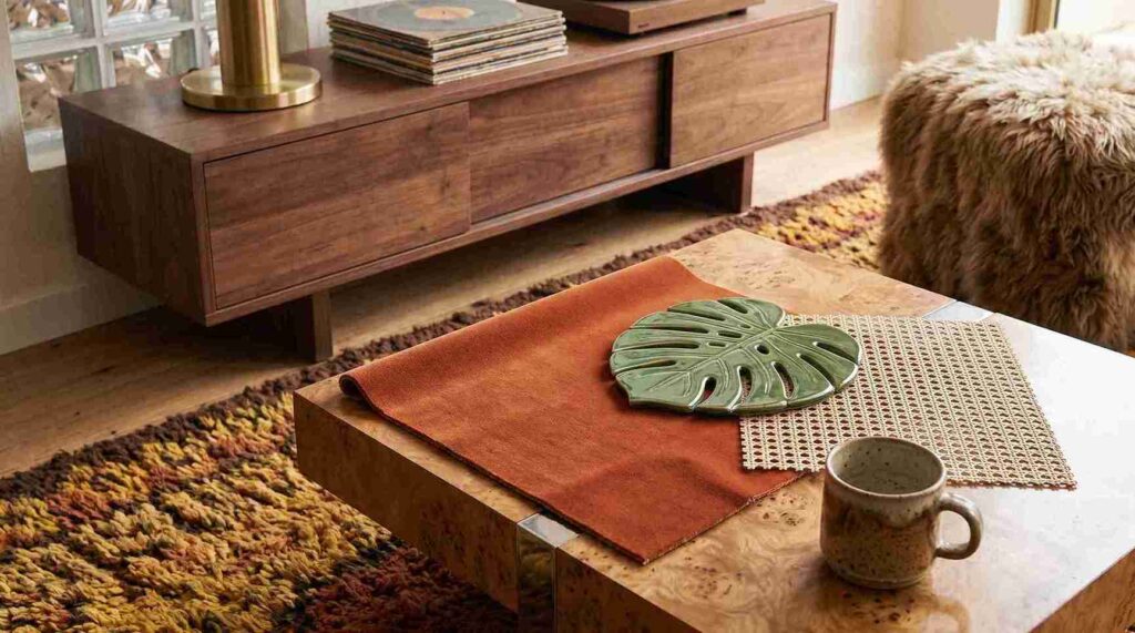 Rattan furniture and macrame wall hanging in retro style room