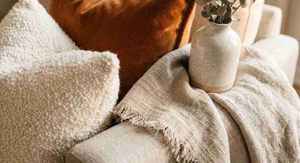 Cozy sofa styling with neutral throw pillows and ceramic accents