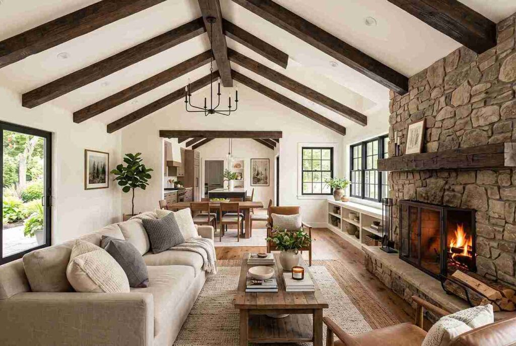 Vaulted living room with exposed rustic faux wood ceiling beams