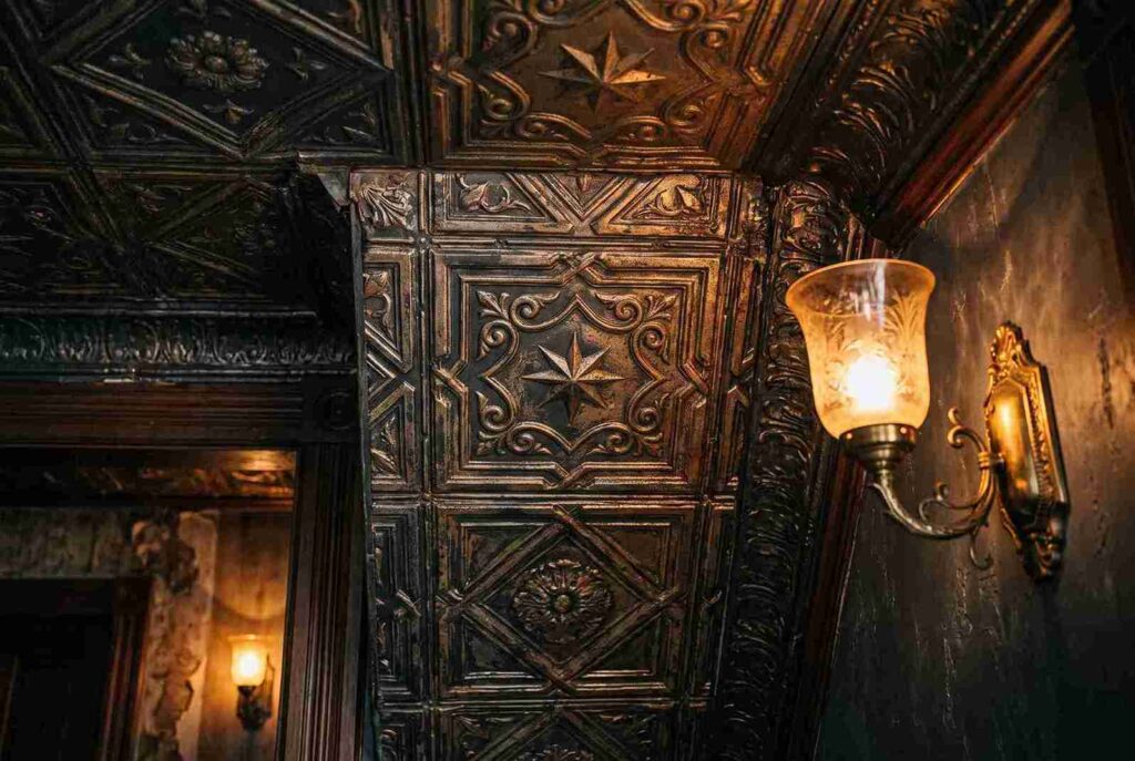 Embossed metallic pressed tin decorative ceiling tiles in powder room