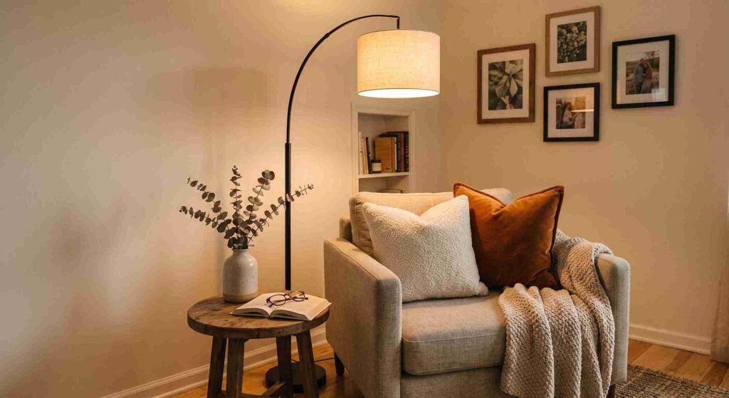 Warm layered corner lighting setup for cozy home vibe