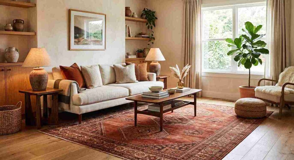 warm earthy living room styling with terracotta rug and decor accents