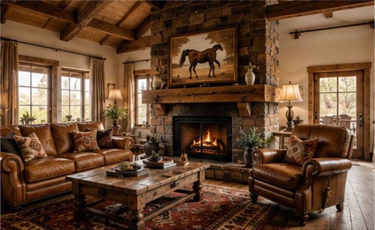 western home decor living room with leather sofa