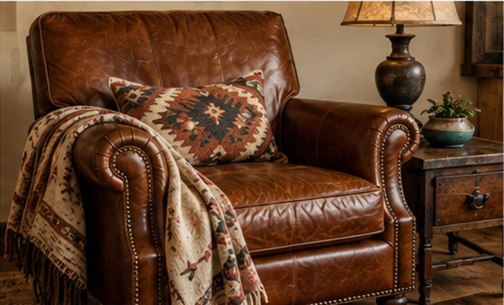 cognac leather chair with Western style decor