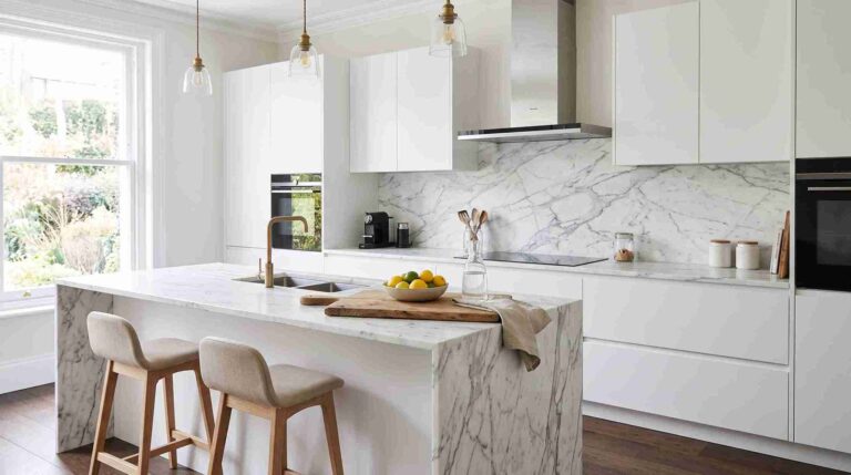 Modern splashback ideas white kitchen with luxury marble design