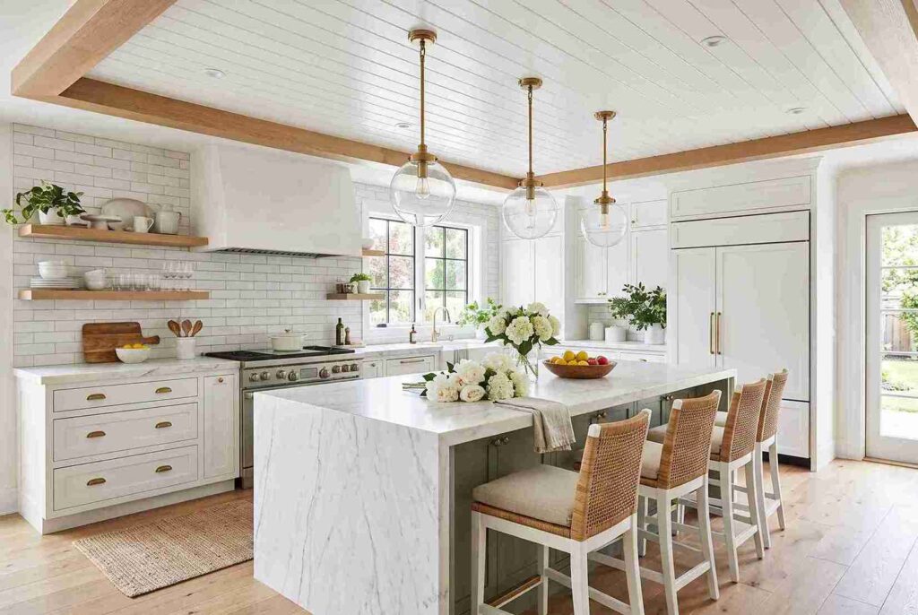 White shiplap wood ceiling in bright modern farmhouse kitchen