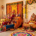 Vibrant Navratri decoration ideas at home featuring traditional Golu steps, Goddess Durga altar, marigold flower garlands, and rangoli with diyas.