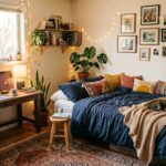 Aesthetic bedroom setup featuring fairy lights, vinyl records, and indoor plants for cool room ideas inspiration.