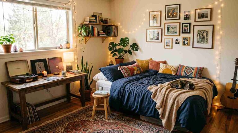 Aesthetic bedroom setup featuring fairy lights, vinyl records, and indoor plants for cool room ideas inspiration.